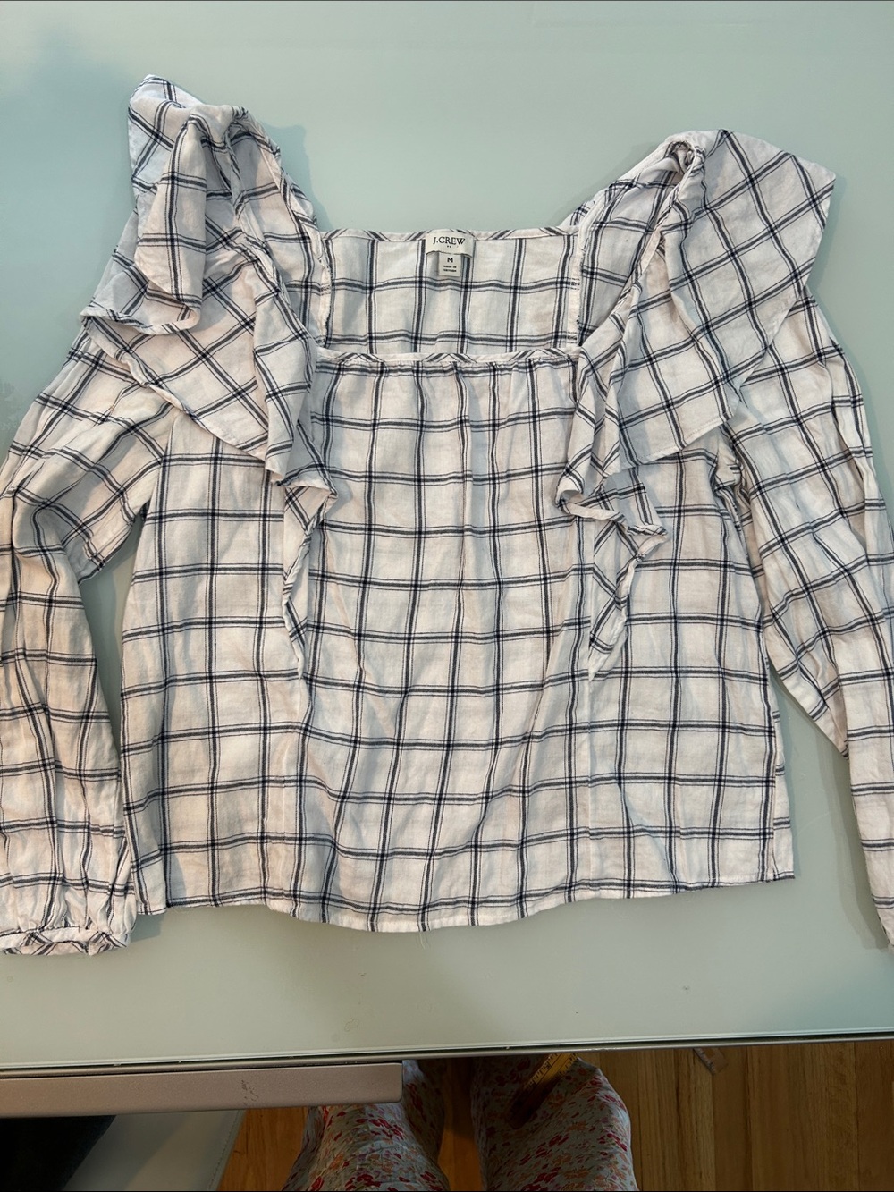 J. Crew White and Navy Plaid Ruffle cotton Square-Neck Blouse
